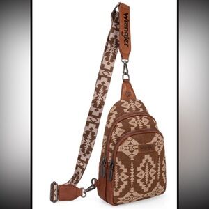 Wrangler Southwestern Print Small Canvas Sling Bag/Crossbody/Chest Bag in Brown